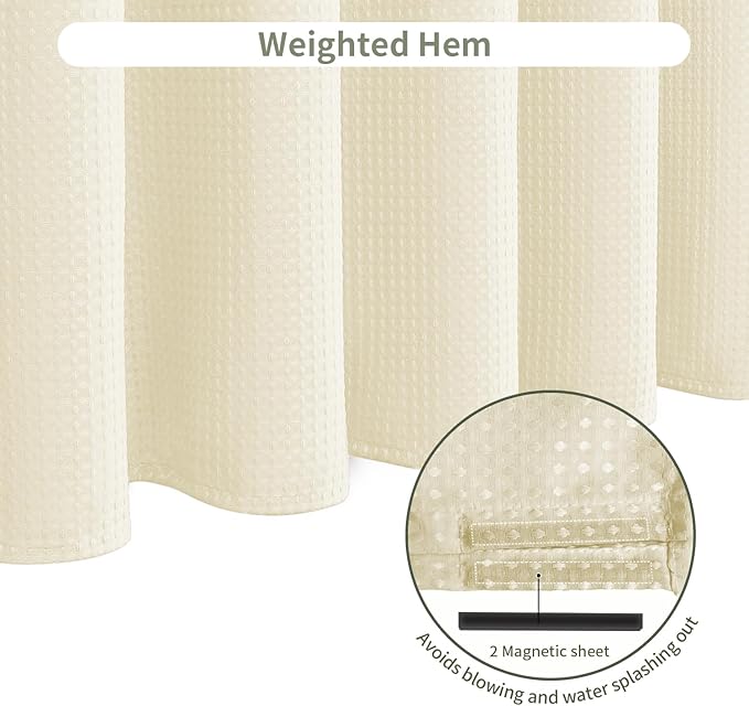 Inhousolu Fabric Shower Curtain Waffle Weave, 230 GSM Heavy Duty, Weighted Hem, 14 Metal Hooks, Water Repellent, Machine Washable, Hotel Spa Luxury Bath Curtain Set, 72 x 78 Inch, Ivory