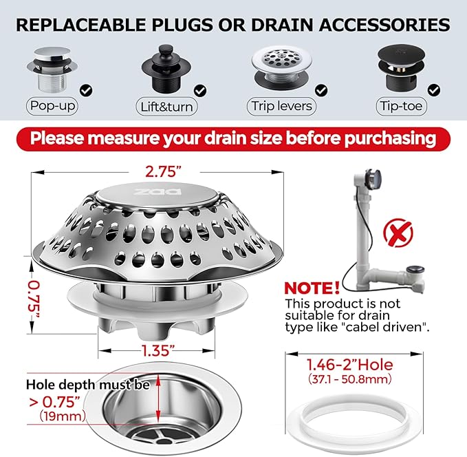 zaa Bathtub Drain Stopper, Upgraded 2in1 Tub Stopper Bathtub Drain Cover and Hair Catcher, Pop Up Bathtub Drain Plug, Replaces Lift & Turn, Tip-Toe or Trip Lever, for 1.46-2" W Drain Hole, Silver