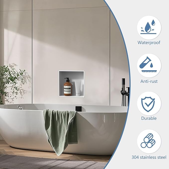 Homevacious 12“ x 12" x 4" Stainless Steel Shower Niche No Tile Needed White Bathroom Shelf Rimless Recessed Wall Niche for Bathroom Storage