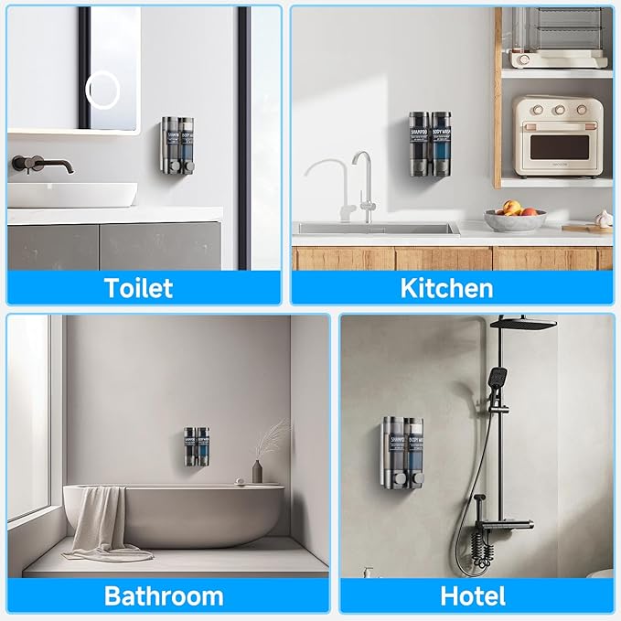 Shampoo and Conditioner Dispenser,GlintGath Shower Dispenser 2 Chamber No Drill Shampoo Dispenser for Shower Wall Mounted Shower Soap Dispenser for Bathroom Hotel,2 * 300ML,Gun Gray