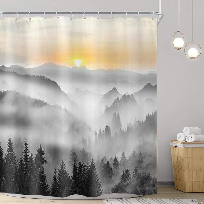Riyidecor Misty Mountain Shower Curtain 72Wx72H Inch Black Sunrise Foggy Woodland Greenery Smokey Scenery Tree Nature Pine Scenic Rustic Bathroom Decor Fabric Polyester Waterproof 12 Pack Hooks