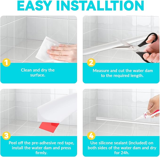 Shower Threshold Water Dam Barrier 39", Silicone Sealant Included, Collapsible Self-Adhesive Water Blocker, Shower Door Water Stopper for Floor Bathroom Kitchen Bathtub Sink