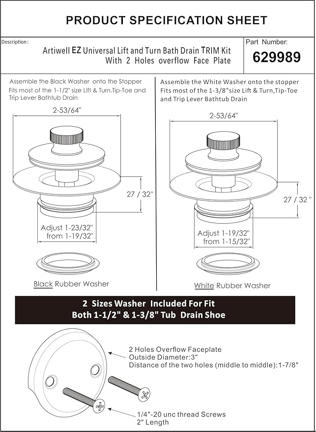 Artiwell Bath Tub Drain Trim Set Conversion Kit Assembly, With Easy Installation Lift and Turn Twist Bathdrain Stopper and Two Holes Tub Drain Overflow Faceplate,Fit Most Bath Drains, Champagne Bronze