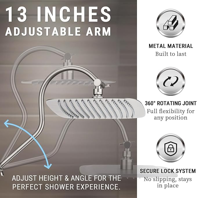 G-Promise 14 Inches Shower Faucet Sets Complete, All Metal Rainfall Shower Head and Handle Set, Extended Downward Diverter, Extension Arm and Pressure Balance Rough-in Valve Included