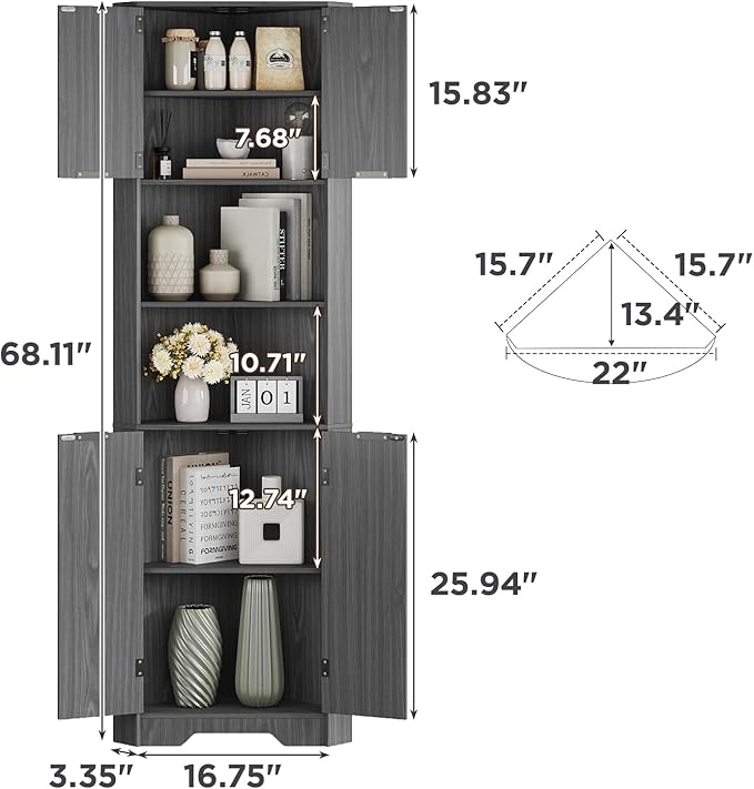 Fameill Tall Corner Cabinet with 2 Doors and 2 Open Storage Shelves, 68” Corner Storage Cabinet with Fluted Door Design, Home Space Saver for Living Room, Bathroom, Kitchen, Laundry, Grey