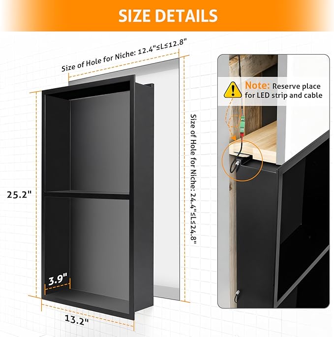 WICHEMI Stainless Steel Shower Niche 12" X 24", No Tile Needed Wall Niche with LED Light, Recessed Shower Shelf for Bathroom Storage Over Mount Installation, Matte Black