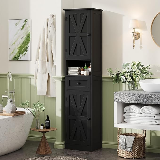 67" H Tall Bathroom Cabinet, Narrow Storage Cabinet with 2 Barn Doors and 1 Drawer, Freestanding Floor Cabinets with 5 Shelves and Open Storage Shelf for Bathroom, Living Room, Kitchen, Black