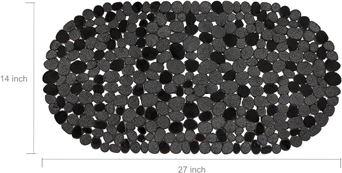 WELTRXE Pebbles Bath Mat for Tub Black Non-Slip Bathtub Mat with Suction Cups, Drain Holes for Bathroom Showers, Tub, Machine Washable, BPA, Latex Free Oval Shower Mats Bath Tub mat, 27 x 14 Inch
