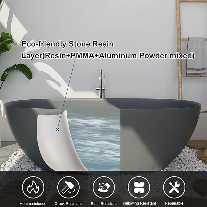 GIVINGTREE 65'' Freestanding Solid Surface Resin Stone Bathtub, Contemporary Design Stand Alone Tub with Pop-up Drain and Overflow, cUPC Certified, Matte Grey(Oval)