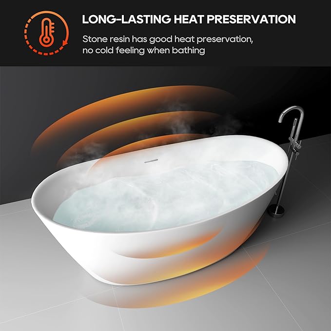 SJ STAR&JANE 61" Solid Surface Freestanding Bathtub Stone Resin Tub Oval Double Slippers Stand Alone Soaking Tub with Pop-up Drain and Overflow, Matte White