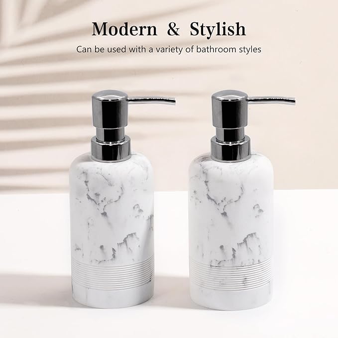 Resin Soap Dispenser Sets, 2 Pcs Heavy Lotion Dispensers,10.8oz Refillable Liquid Soap Dispensers with Rust-Proof Pump for Bathroom Countertop or Kitchen, Artificial Marble White