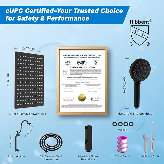 Hibbent cUPC Certified All Metal 12" Rainfall Showerhead Combo, High Pressure Shower Head with 10-Sprays Handheld, 4-way Diverter with Pause Mode, 71'' Shower Hose & Holder, Oil Rubbed Bronze