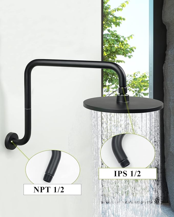 PHASAT Black Shower Head Arm,S Shaped Shower Arm with Flange,High Rise Shower Head Extension Matte Black,Shower arm Extension,PU9H01-M