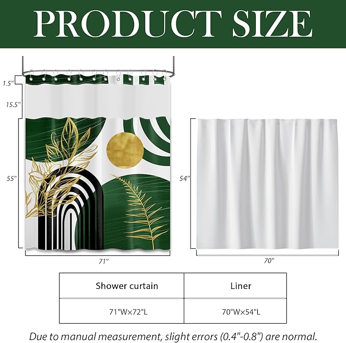 Olive Green Bohemian See Through Mesh Top Shower Curtain with Window, Emerald Green Mid Century Modern Double Layer Shower Curtains with Snap in Liner, Waterproof Fabric with Hooks, 71x 72 in