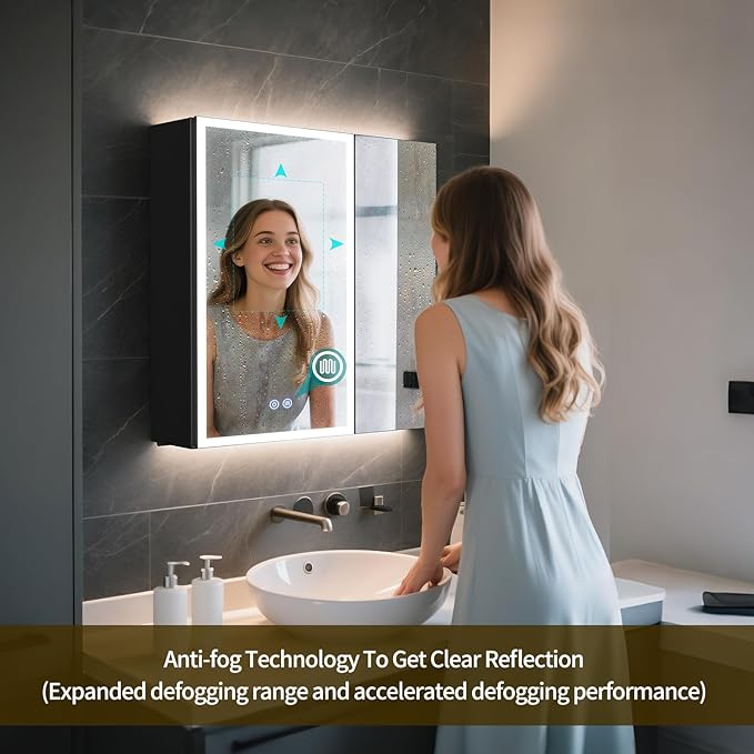 Lighted Medicine Cabinet with Mirror, 28 x 30 inch LED Bathroom Cabinet with Anti-Fog, Dimmable 3 Colors Front & Bottom Light, Buit-in Sockets & USBs, 2 Shelves, Plug-in or Hardwired