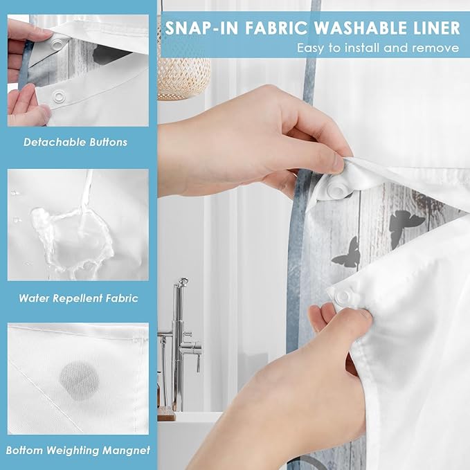 No Hook Teal Flower Shower Curtain with Snap in Fabric Liner Set, Daisy Rustic Farmhouse Double Layers Waterproof Fabric with See Through Top Window Open Grommet Bath Curtain 71x74 Inch