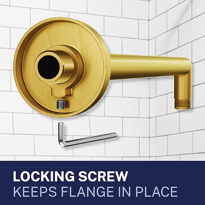 HammerHead Showers® Solid Metal 16 Inch Extended Shower Arm and Flange with Set Screw, Long Shower Arm, Extends Rain Shower Overhead, Wall-Mounted Rain Shower Arm, Brushed Gold