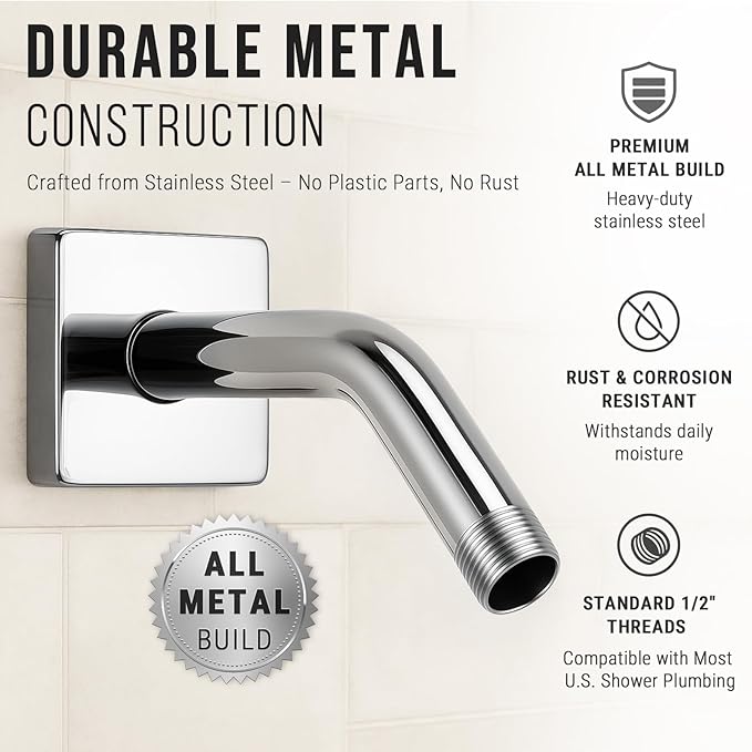 G-Promise All Metal 6-Inch Shower Arm with Flange, Wall-Mounted Stainless Steel Shower Pipe Replacement for Fixed and Handheld Shower Heads, Chrome