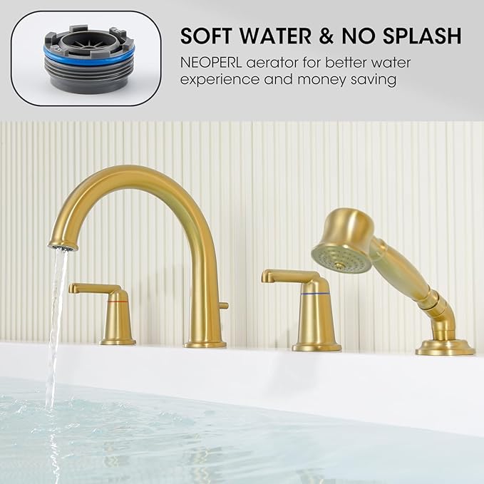 Roman Tub Faucet Set with Hand Shower, KRUZOO Bathtub Faucet Set Trim Kit with Rough-in Valve, Deck Mount Widespread 4 Hole Brass Tub Filler, KZ-9608BG, Brushed Gold