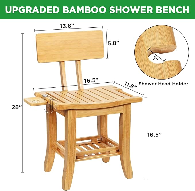 Ollieroo Two-Tier Bamboo Shower Chair for Inside Shower, Waterproof Baby Bath Seat with Storage Shelf, Soap Dish and Shower Head Holder, Shower Stool for Seniors Adults Disabled Pregnant(Natual)
