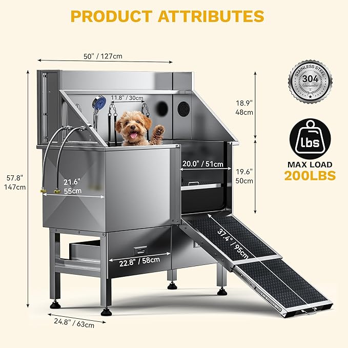 DWVO Professional 50in Dog Bathing Station, Stainless Steel 304 Pet Grooming Tub w/Right Door Ramp, 2 Storage Drawers & Grate, Pet Washing Station for Small, Medium, Large Dogs