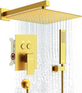 Shower System Shower Faucet Set with Push-Button Diverter and Wall Supply Elbow 12 Inch Shower Head Brushed Gold