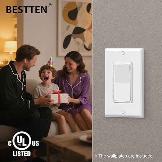BESTTEN 40 Pack 3-Way Decorator Wall Light Switch, 15A 120V/277V, On/Off Rocker Paddle Wall Switch, Single Pole or Three Way, 3 Wire, w/Wall Plate, Residential and Commercial Grade, UL Listed, White