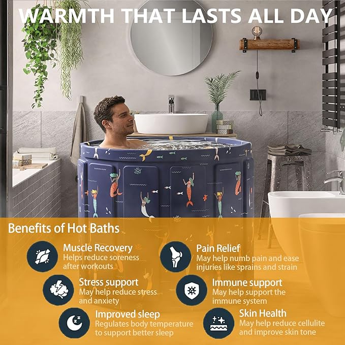 Portable Bath Tub for Adult, Foldable Soaking Bathtub for Hot SPA&Ice Bath, Foldable Small Bathtub Collapsible Tub for Bathing, Quick Setup No Installation (25.9X31.5 IN, Blue Fish)