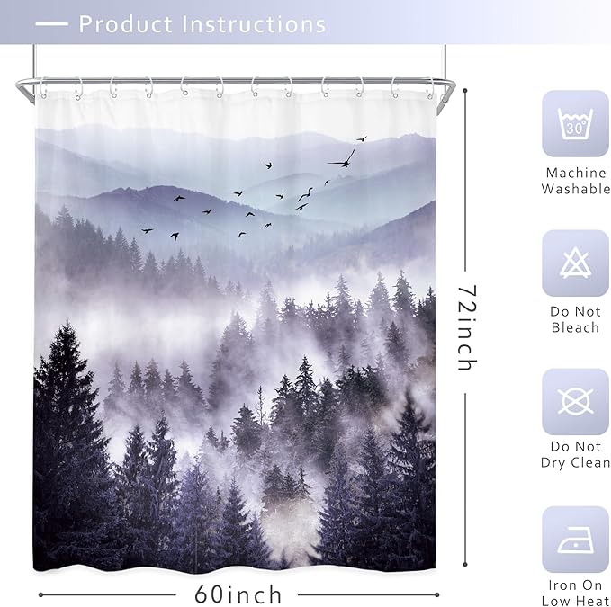 Riyidecor Purple Shower Curtain，Mountain Shower Curtains for Bathroom Nature Woodland Scenery Landscape Rustic Pine Tree View for Mens Natural Fabric Polyester Waterproof 12 Pack Hooks 60Wx72H Inch
