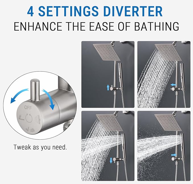 G-Promise All Metal Shower Diverter with Low Holder, Extended 13.5 Inch, 3-Way Diverter Valve with Pause Mode for Handheld and Fixed Shower Heads ∣ 4-Setting Replacement Part (Brushed Nickel)