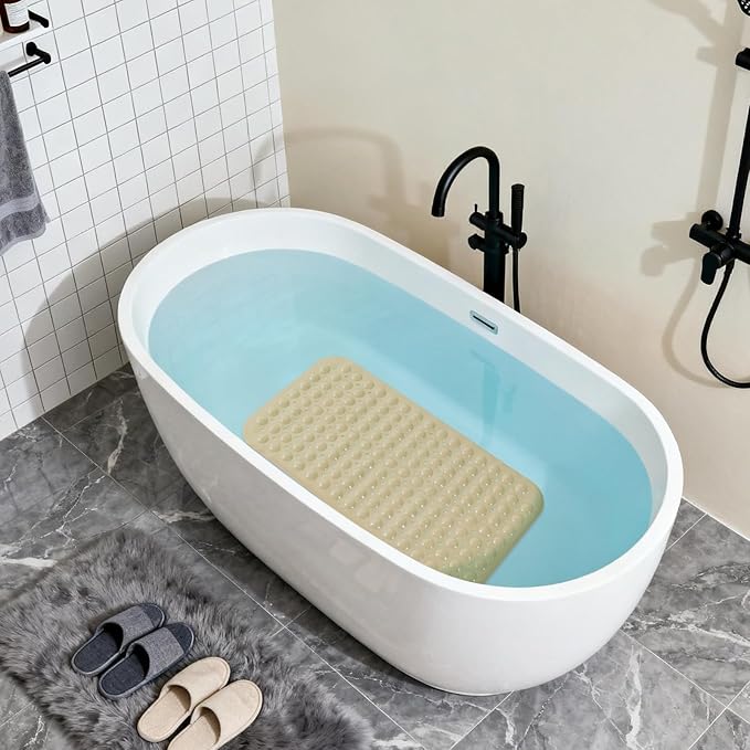 Anti-Slip Bathtub Shower mat, 27.5×14.5（Approximately 70×37cm） inch Soft Oversized Machine Washable Non-Slip Bathtub mat with Drainage Holes, Bathroom Floor Suction Cup.（1-Opaque Khaki）