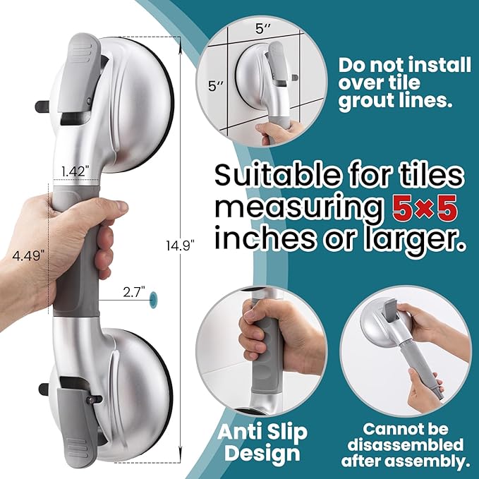 TAILI Grab Bars for Bathtubs and Showers,2 Pack Shower Handles for Elderly Suction,Maximum 330lbs,Shower Bar with Upgraded Rubber Suction Cups,Safety Grip for Senior, No Drilling Removable,Silver
