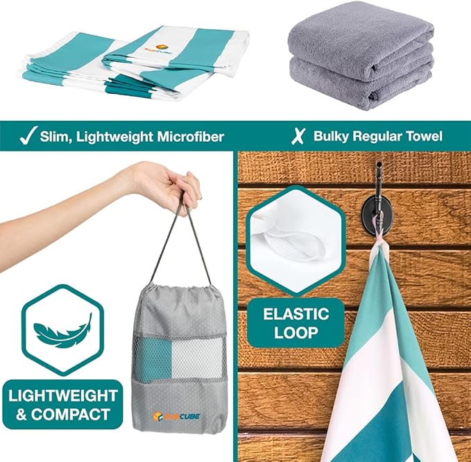 SUN CUBE Microfiber Beach Towel, Quick Dry Sand Free Beach Towel, Lightweight, Compact for Travel Swim Sports Camping, Packable Sand Resistant Towel Adult, Light Blue 60x30 Inches