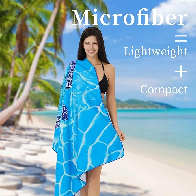 Microfiber Extra Large, Oversized Cute Turtle/Shark Beach Towels (70''x35'') - 2 Pack XL Quick Dry Striped Towels for Adults，Sand Free for Pool, Spa, Swim & Travel - Ultra Soft & Lightweight