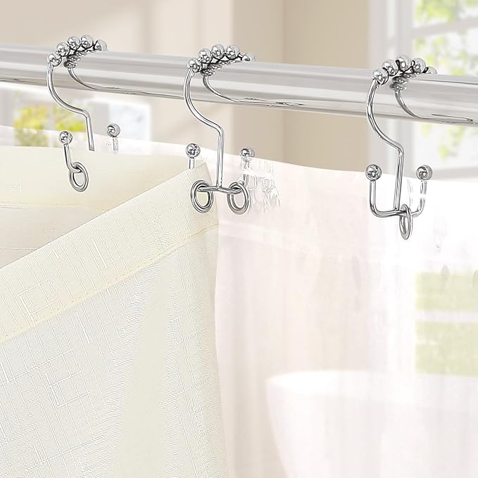 MitoVilla 3 in 1 Shower Curtain Set, Cream Boho Farmhouse Linen Textured Bath Curtain and Clear PEVA Liner Set with 12 Double Sided Steel Hooks, Waterproof Fabric Hotel Bathroom Curtain - 72x72