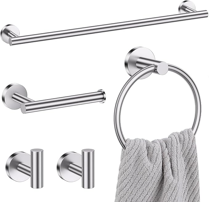 Lairuier 5 Pieces Brushed Nickel Bathroom Accessories Set, 23.6 Inch Bath Towel Bar Set, SUS304 Stainless Steel Bathroom Hardware Set Round Toilet Paper Holder Set Wall Mounted