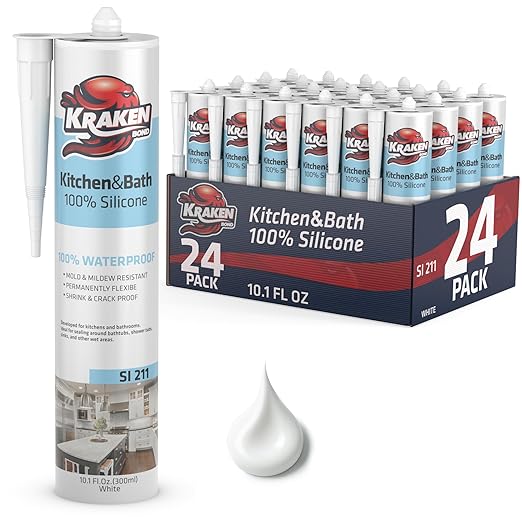 Kraken Bond Premium Kitchen and Bathroom Silicone Caulk White - (24x10.1 fl.oz) RTV White Caulking Silicone Waterproof for Kitchen, Bathroom, Shower, Sink, Anti Shrink 100% Silicone Caulking | 24 Pack