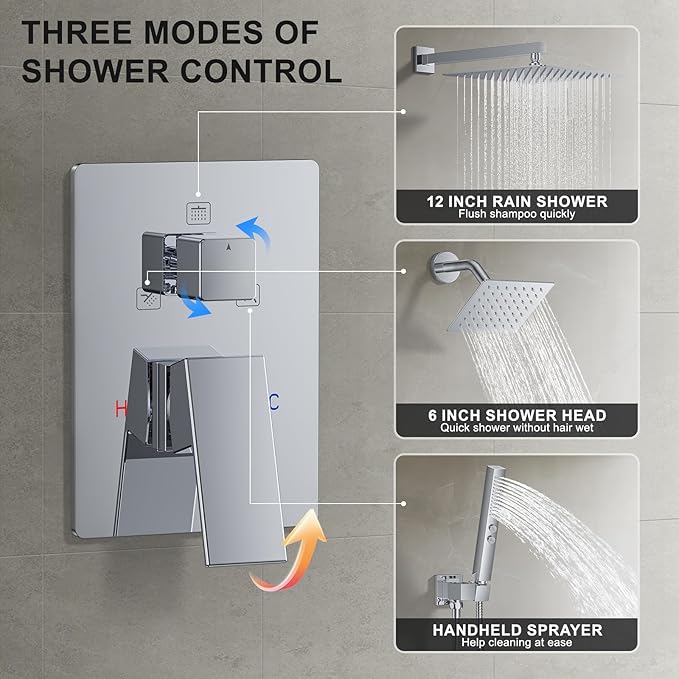 Shower Faucet Set, Wall Mount Shower System 12 and 6 Inch Dual Shower Head Set with 2 in 1 Handheld Spray Rain Shower Faucet with Rough-in Valve and Shower Trim Kit, Polished Chrome