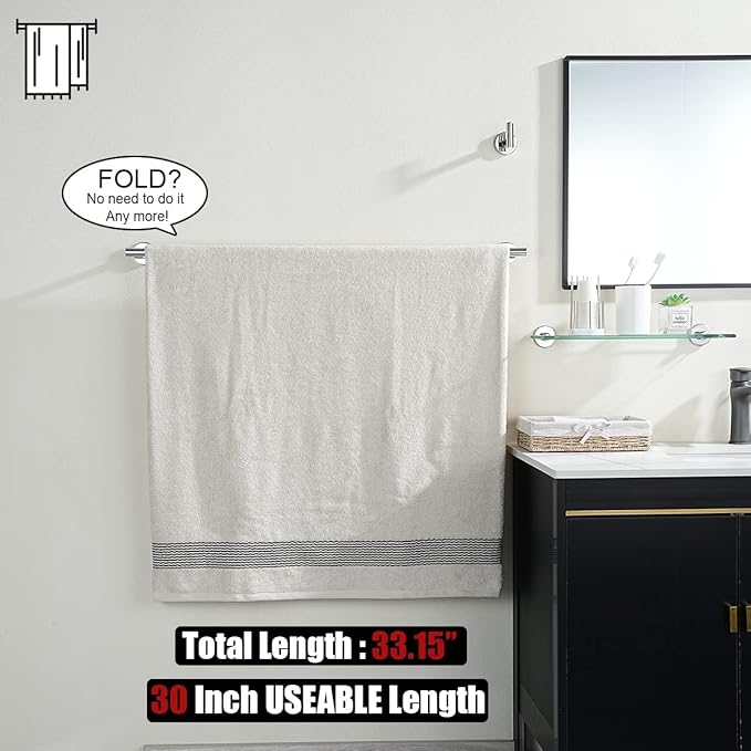 JQK Chrome Bath Towel Bar, 33 Inch 304 Stainless Steel Thicken 0.8mm Towel Rack Bathroom, Towel Holder Polished Finished Wall Mount, Useable Length 30 Inch, TB110L30-CH
