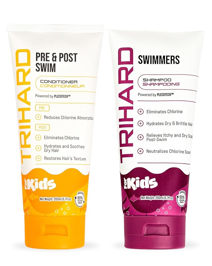 TRIHARD Kids Chlorine Defense Shampoo and Conditioner Set, Children’s Tear-Free Swim Shampoo and Conditioner to Protect and Hydrate Hair from Pool & Ocean, Nourishing Pre and Post Swim Hair Protection