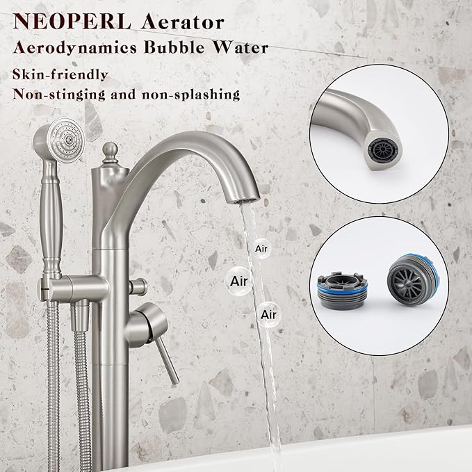 Freestanding Tub Faucets, Classic Freestanding Bathtub Faucet with Retro Handheld Sprayer High Flow Max 7.04GPM Floor Mount Tub Filler Swivel Spout Bath Tub faucet Brushed Nickel (WT-9002BN)