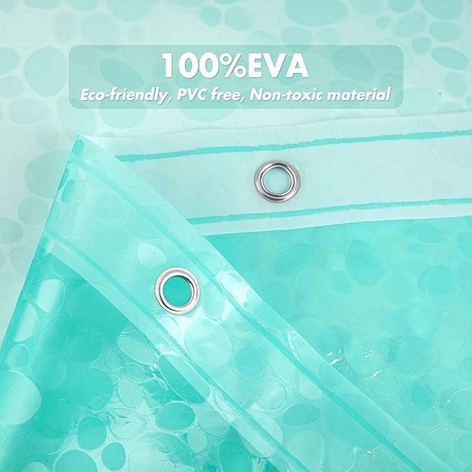 WELTRXE 8G EVA Clear Teal Shower Curtain with 3D Pebbles Design, 72x72 Inches Plastic Waterproof Shower Curtain Liner with Magnets/12 Hooks/Rustproof Grommets for Bathroom, Heavy Shower Liner