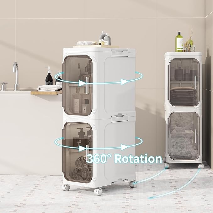 KHNR 5-Tiers Slim Bathroom Storage Cabinet, Foldable Storage Cabinets,Narrow Bathroom Storage,Movable Bathroom Storage Organizer for Small Spaces,Bathroom,Kitchen,Laundry,White