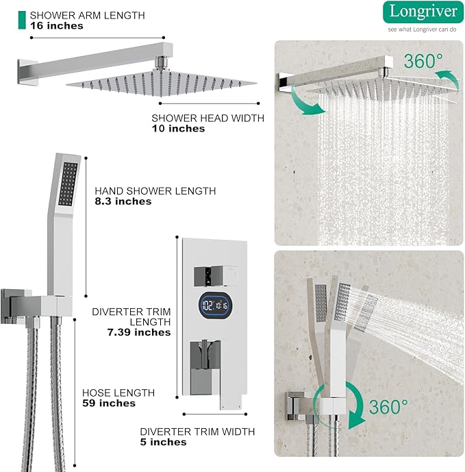 Shower Faucet Set with Hydro Power Temperature Display, Shower System Bathroom 10 Inches Shower Head with Handheld Spray, Wall Mounted Shower Fixtures with Shower Valve and Trim Kit, Polished Chrome