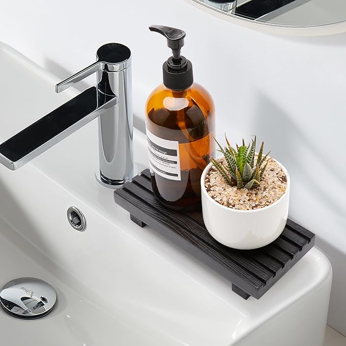 Small Black Bathroom Decor Tray for Counter Dish Soap Holder Wooden Pedestal Stand for Kitchen Sink Soap Dispenser Wood Risers Kitchen Accessories Countertop Vanity Counter Sponge Sink Tray