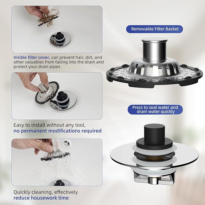 Metal 2 Pack Bathtub Drain Stopper with Top Hair Catcher, Innovative 3 in 1 Pop-up Bathtub Strainer, Tub Stopper with Detachable Stainless Steel Filter Basket for Standard 1.5 to 2.4'' Drain, Chrome