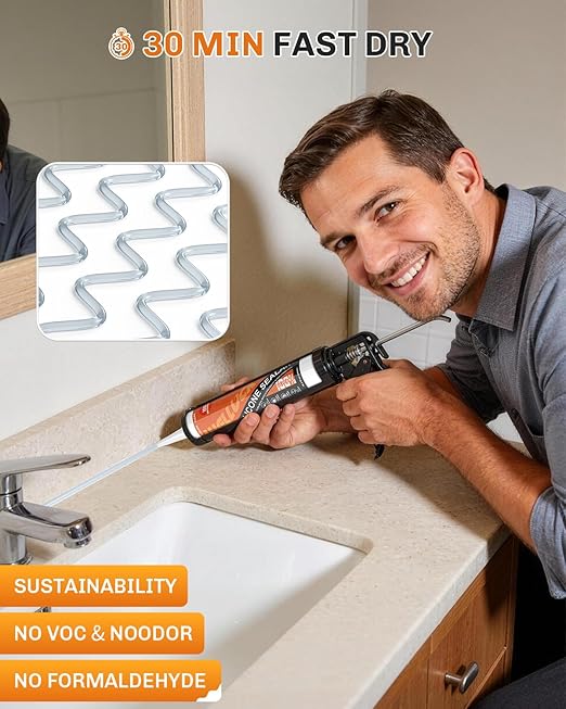 WELLUCK Clear Silicone Caulk, 100% Waterproof Silicone Sealant Adhesive Caulking,for RV, Kitchen,Bathroom, Window, Door, Glass,10.2FL.OZ/300ML (4 Pack)