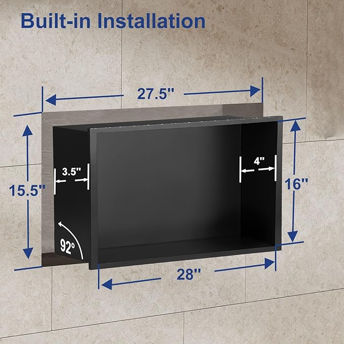 Shower Niche,16 * 28 Stainless Steel Elegant Bathroom Niche, No Tile Needed Recessed Shower Shelf Organizer for Storage,Black