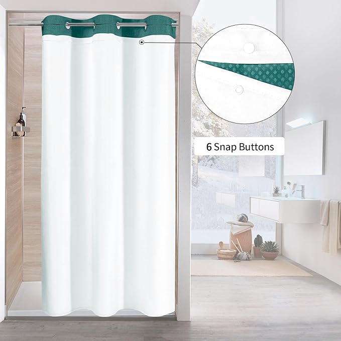 MitoVilla Dark Green Waffle Small Stall Shower Curtain Liner Set 36 x 74, No Hooks Required Half Size Narrow Fabric Cloth Shower Curtain Set with Snap-in Liner for Modern Bathroom Decor, Seaweed Green