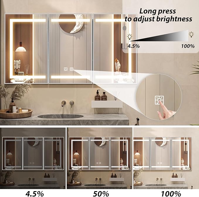 APRILSOUL 60X32 Inch Silver Bathroom Medicine Cabinet with Mirror, Recessed or Surface Lighted Medicine Cabinet with 3 Colors Temperature, Dimmable Light